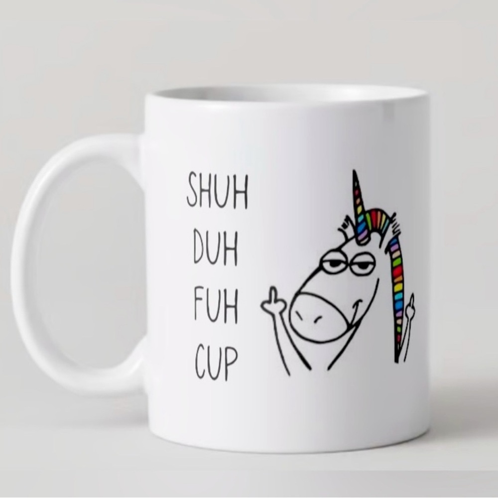 Handmade mug ~ “SHU DUH FUH CUP” w/a smiling unicorn - NIB